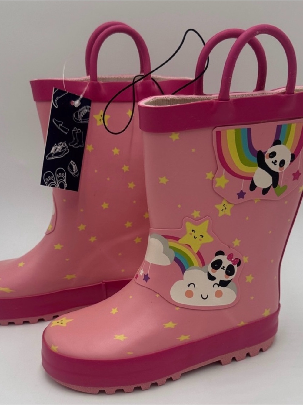 Kids Pink Panda & Rainbow Rain Boots Size 8